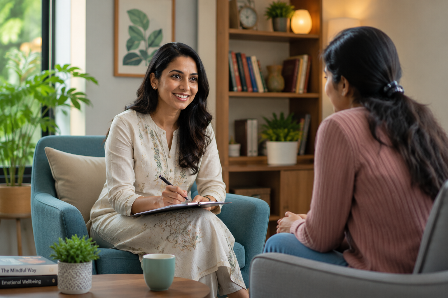 Client speaking with psychologist in a welcoming therapy room